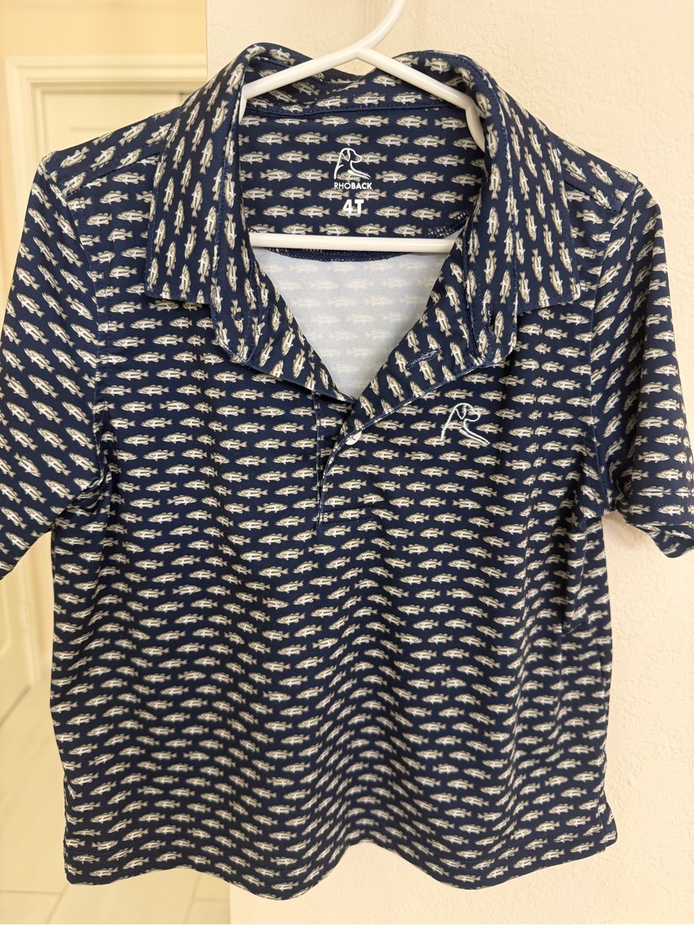 Rhoback Navy Polo with White Fish Pattern